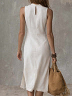 Blanca · Vestido Midi Lino Cuello Mao con Abertura