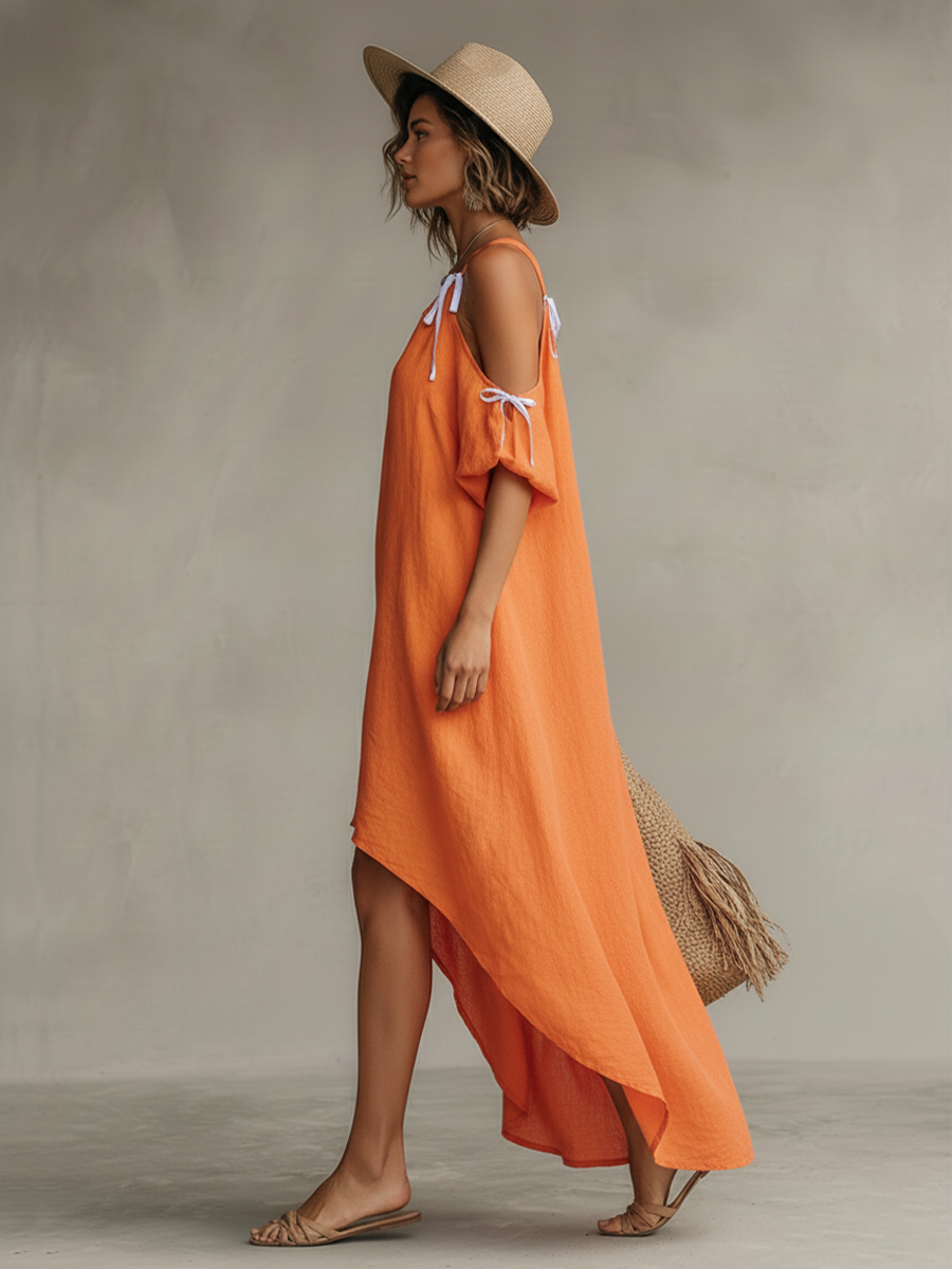 Sol · Vestido Lino Hombros Descubiertos Bajo Asimétrico