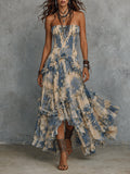 Vestido Maxi de Chifón Estampado sin Tirantes con Volantes
