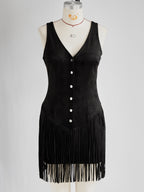 Vestido Mini Ante Sintético Negro con Flecos Western