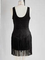 Vestido Mini Ante Sintético Negro con Flecos Western