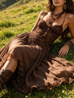 Vestido Maxi de Chifón con Paneles de Encaje Marrón