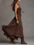 Vestido Maxi de Chifón con Paneles de Encaje Marrón