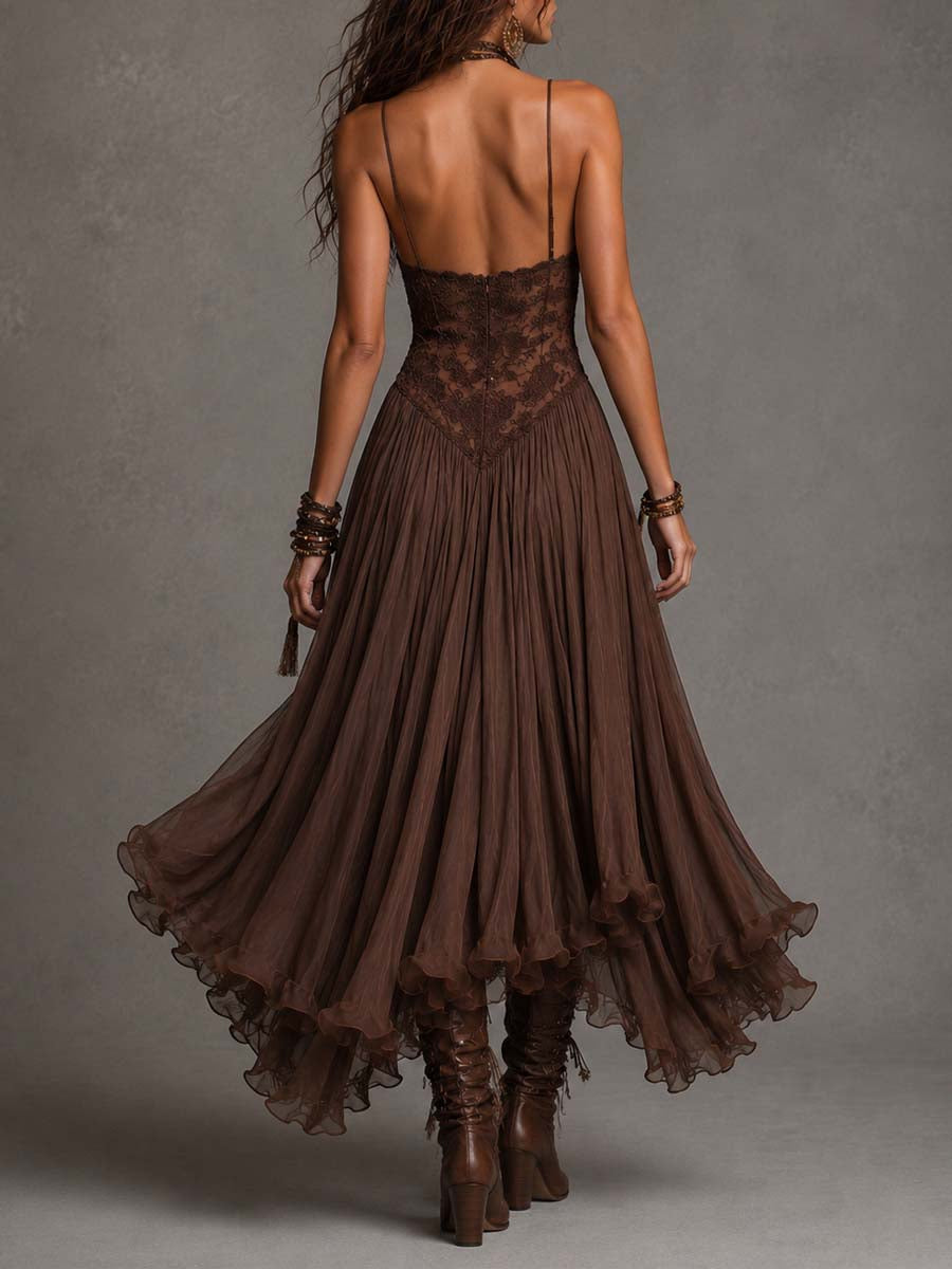 Vestido Maxi de Chifón con Paneles de Encaje Marrón