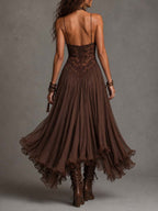 Vestido Maxi de Chifón con Paneles de Encaje Marrón