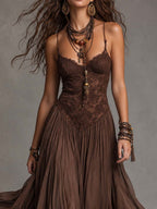 Vestido Maxi de Chifón con Paneles de Encaje Marrón