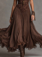 Vestido Maxi de Chifón con Paneles de Encaje Marrón