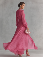 Vestido Largo Chiffon Rosa Perla con Escote V y Cintura Atada