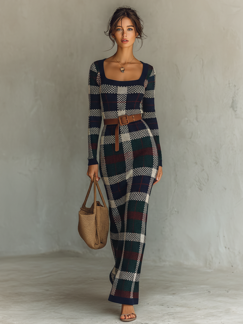 Elena · Vestido Maxi Punto Cuadros con Cinturón