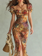 Vestido Maxi Elegante con Escote Cuadrado y Estampado Floral