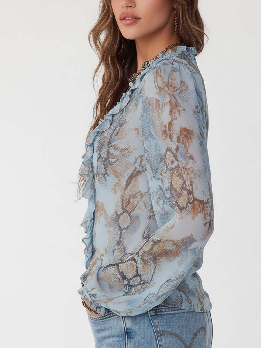 Bianca · Blusa Chiffon Estampada Azul con Volantes