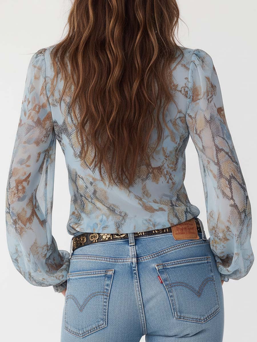 Bianca · Blusa Chiffon Estampada Azul con Volantes