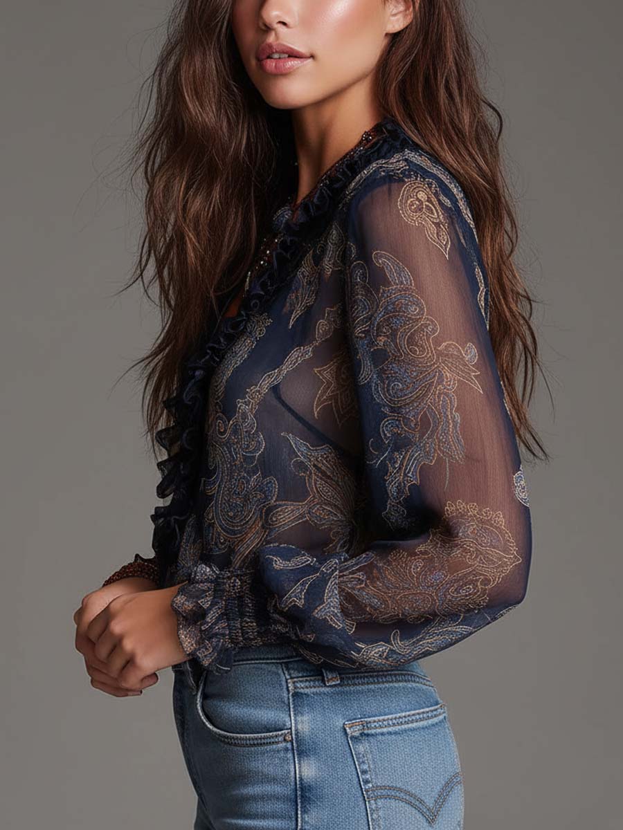 Adriana · Blusa de Chifón Azul Marino con Estampado Barroco