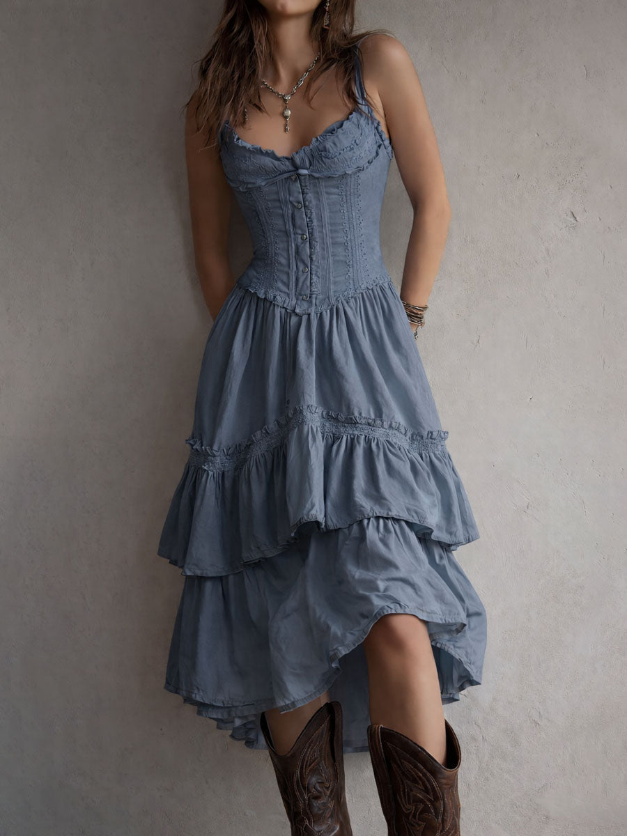 Renata · Vestido Midi Corsé con Volantes y Encaje