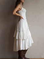 Renata · Vestido Midi Corsé con Volantes y Encaje