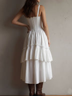 Renata · Vestido Midi Corsé con Volantes y Encaje