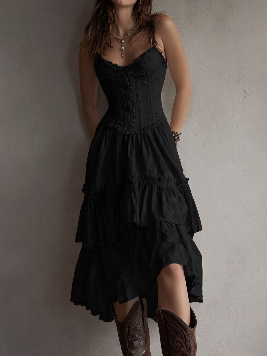 Renata · Vestido Midi Corsé con Volantes y Encaje