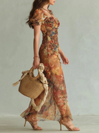 Vestido Maxi Elegante con Escote Cuadrado y Estampado Floral