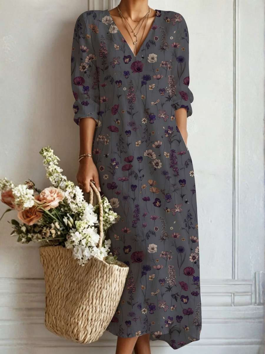Odette | Vestido Largo Floral Gris y Burdeos