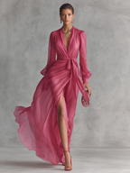 Vestido Largo Chiffon Rosa Perla con Escote V y Cintura Atada