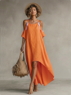 Sol · Vestido Lino Hombros Descubiertos Bajo Asimétrico