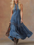 Vestido Maxi Denim Azul con Cuello Anudado y Bajo Globo