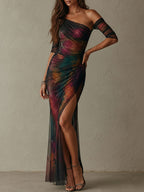 Aurora · Vestido Maxi Asimétrico Estampado Galaxia