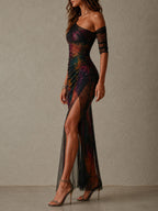 Aurora · Vestido Maxi Asimétrico Estampado Galaxia
