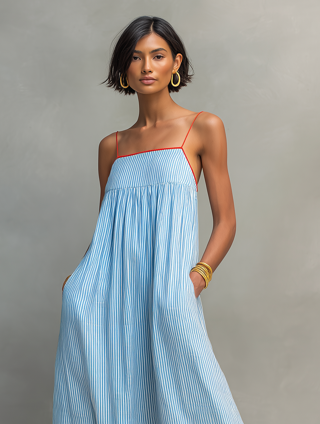 Vestido Maxi Minimalista de Rayas con Ribete Rojo y Tirantes Finos