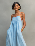 Ainhoa · Vestido Maxi de Rayas Ribete Rojo