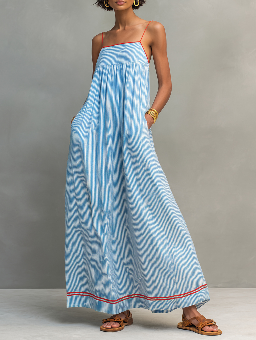 Vestido Maxi Minimalista de Rayas con Ribete Rojo y Tirantes Finos