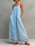 Vestido Maxi Minimalista de Rayas con Ribete Rojo y Tirantes Finos