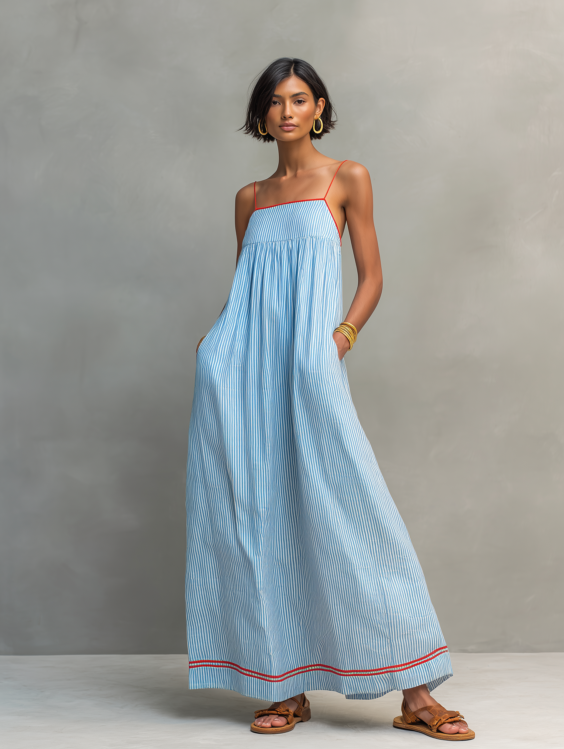 Vestido Maxi Minimalista de Rayas con Ribete Rojo y Tirantes Finos