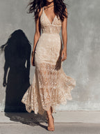 Aurélie | Vestido Maxi de Encaje Dorado con Escote en V