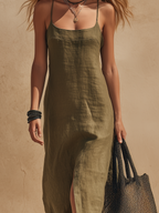Nerea · Vestido Maxi Lino Verde Oliva