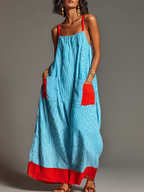 Mara · Vestido Maxi Lino Rayas Color Block con Bolsillos
