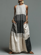 Nora · Vestido Maxi de Lino con Rayas Color Block