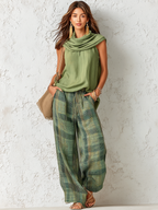 Women's Vintage-Inspired Casual Chic Sleeveless Top And Plaid Trousers Set ZMZ0756E6ZJY