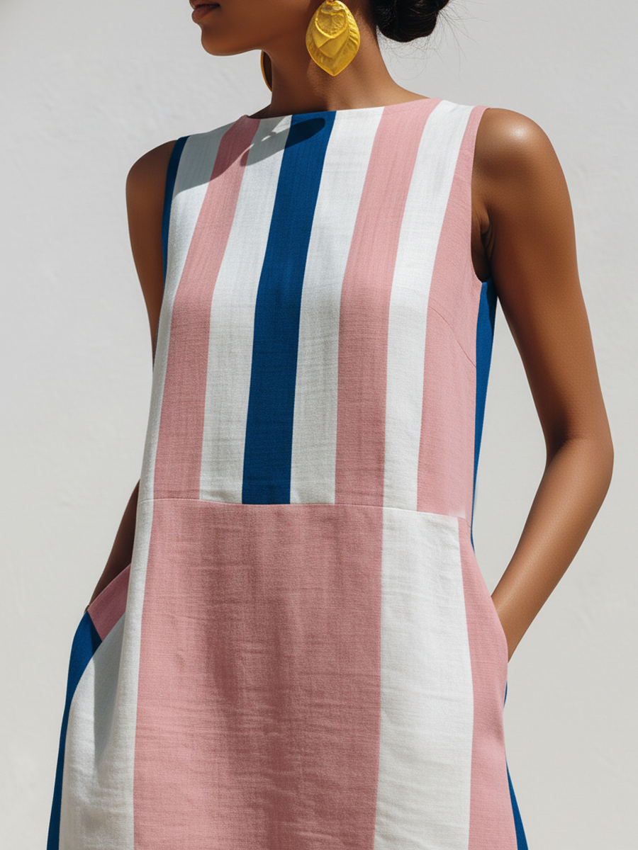 Women's Casual Vacation-Style Contrast-Print, Crew Neck, Sleeveless Blend Maxi Dress ZMZ0788E7ZYY
