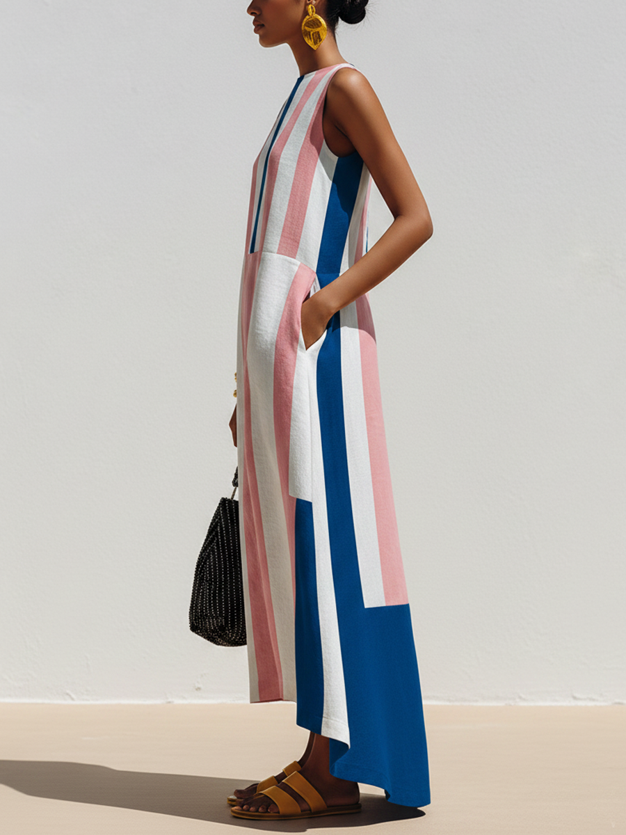 Women's Casual Vacation-Style Contrast-Print, Crew Neck, Sleeveless Blend Maxi Dress ZMZ0788E7ZYY