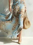 Leona · Vestido Maxi Chifón Estampado Leopardo Azul