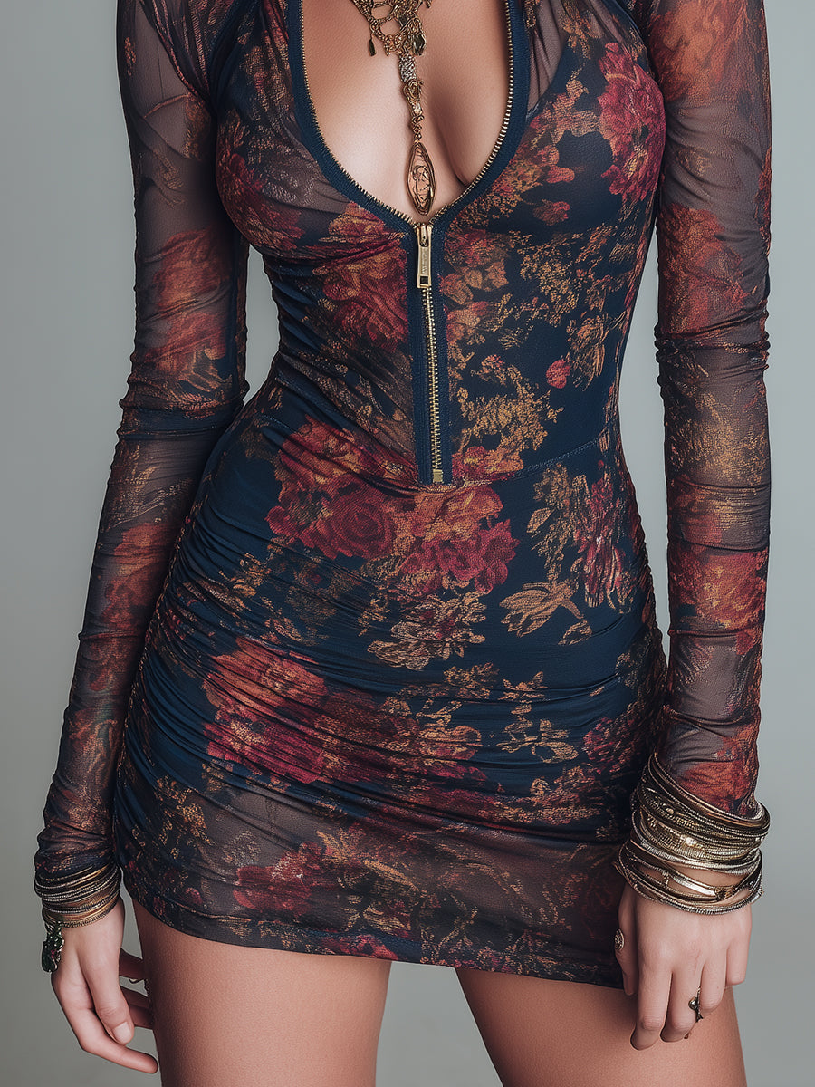Celeste · Vestido Mini de Malla Floral con Cremallera Frontal