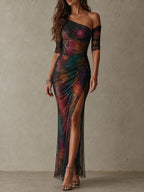 Aurora · Vestido Maxi Asimétrico Estampado Galaxia