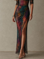 Aurora · Vestido Maxi Asimétrico Estampado Galaxia