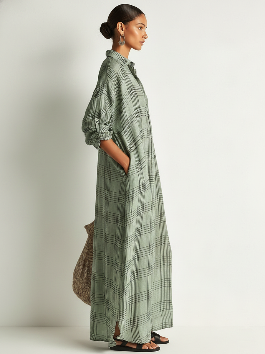 Women's Retro Casual Plaid Print Cotton Linen Shirt Long Sleeve Midi Dress ZMZ2304E8ZJY