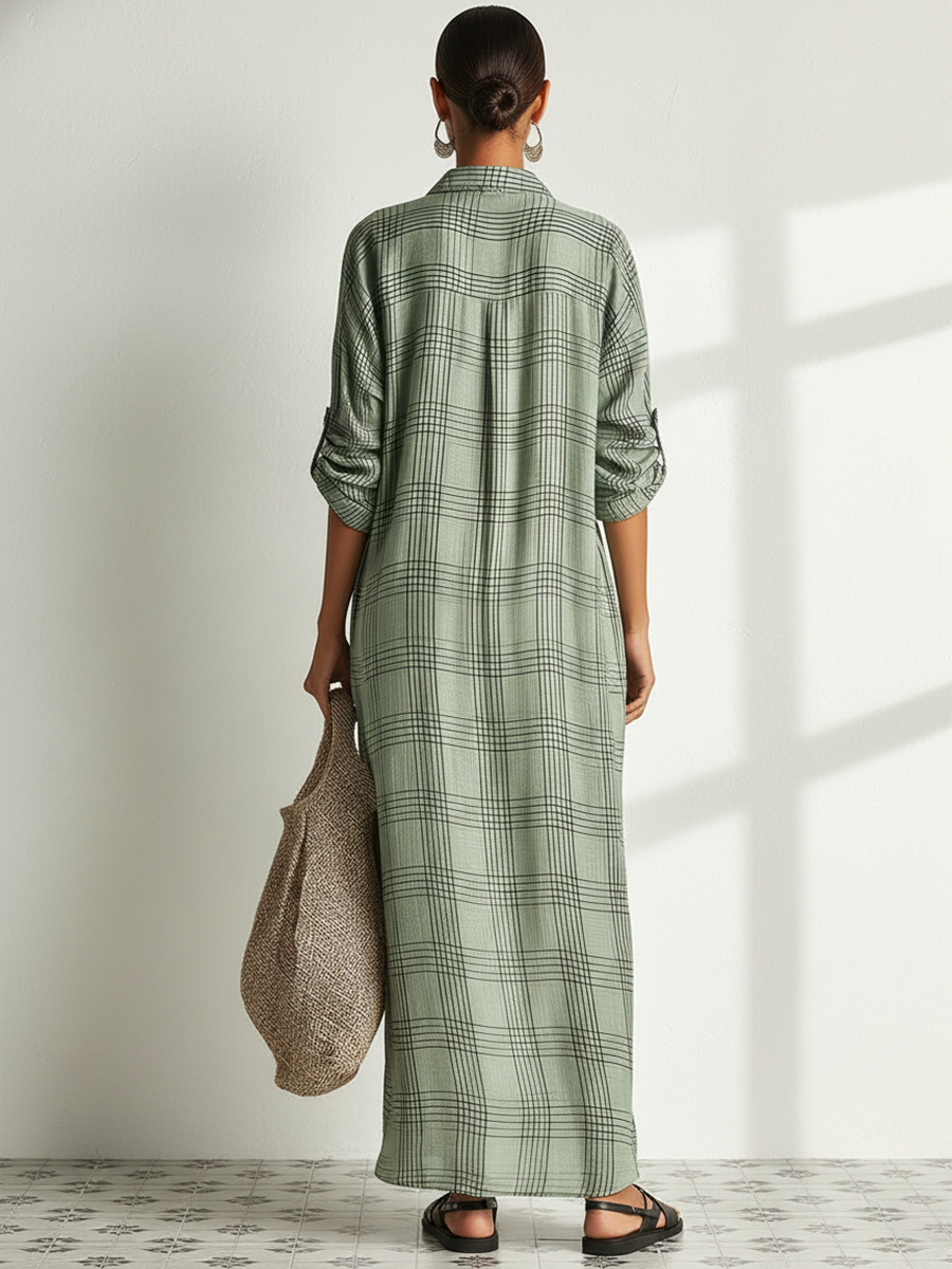 Women's Retro Casual Plaid Print Cotton Linen Shirt Long Sleeve Midi Dress ZMZ2304E8ZJY