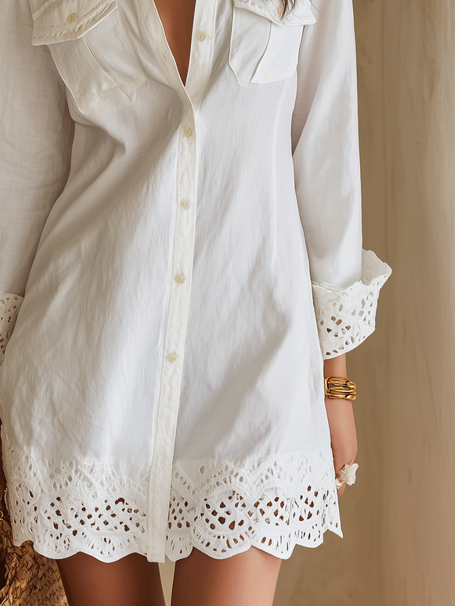 Elvira · Vestido Camisero Mini con Calado Bohemio