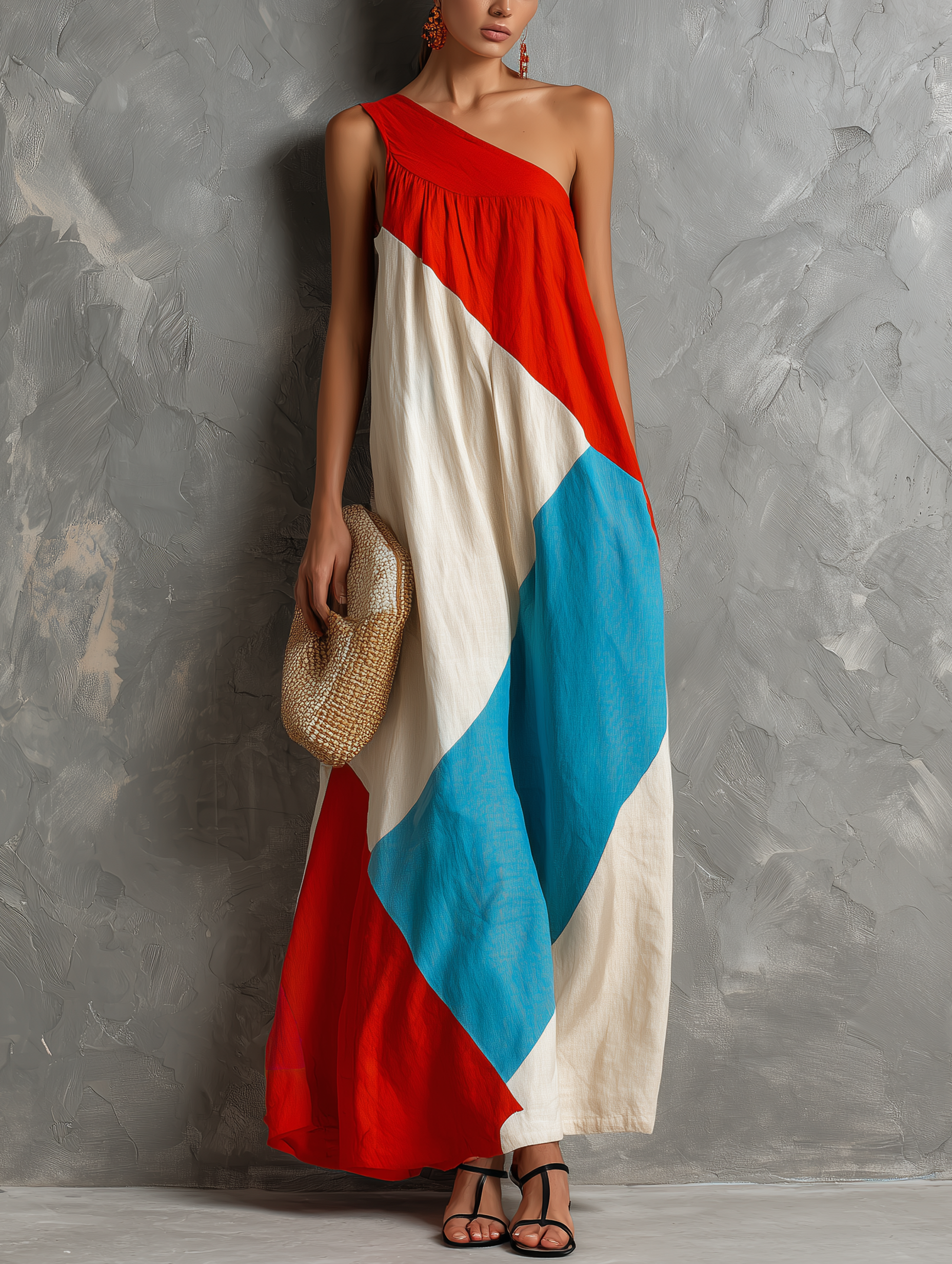 Valeria - Vestido Maxi Un Hombro Bloques de Color