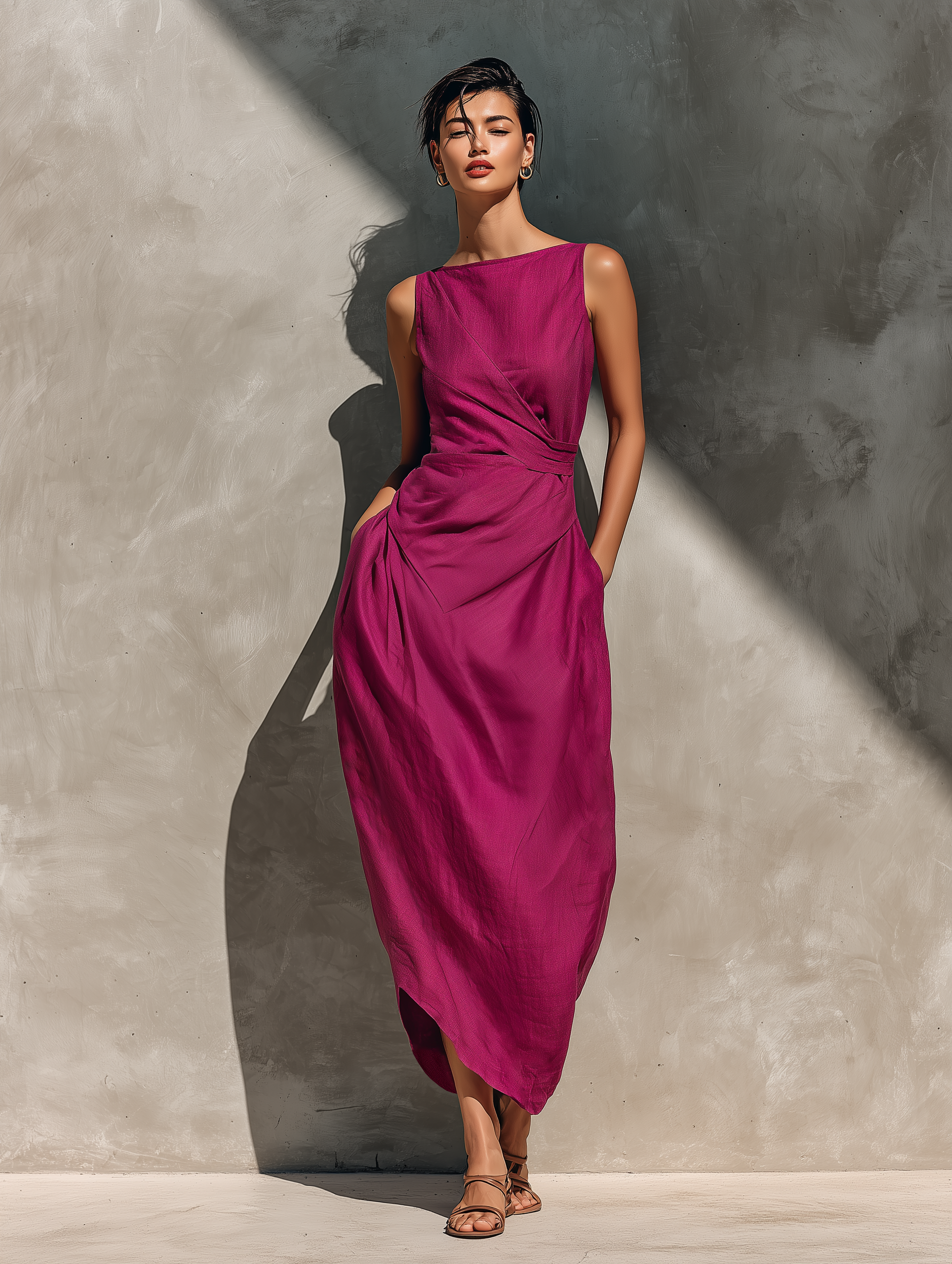 Valentina · Vestido Midi Lino Fucsia Cuello Barco
