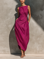 Valentina · Vestido Midi Lino Fucsia Cuello Barco